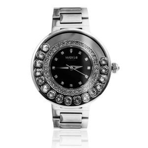 Matashi Crystal 18K White Gold Plated Women's Watch with Black Face